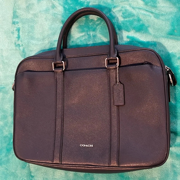 Coach briefcase EUC dark blue with silver hardware with long shoulder strap - Picture 1 of 10